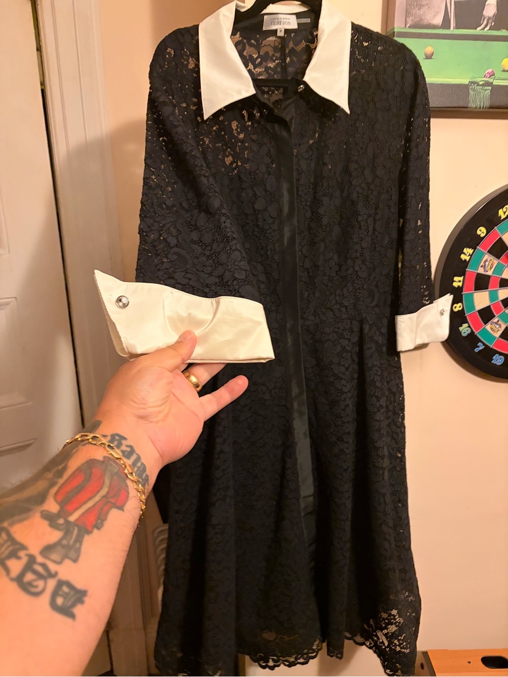 Teri Jon Black Lace Maxi Dress with White Collar and Cuffs - Picture 3 of 16